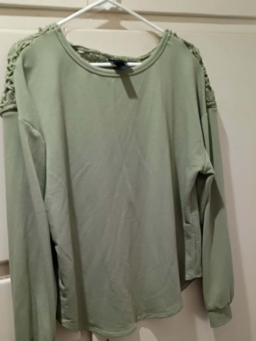 Daytrip Sage Green Crochet-Shoulder Long Sleeve Top